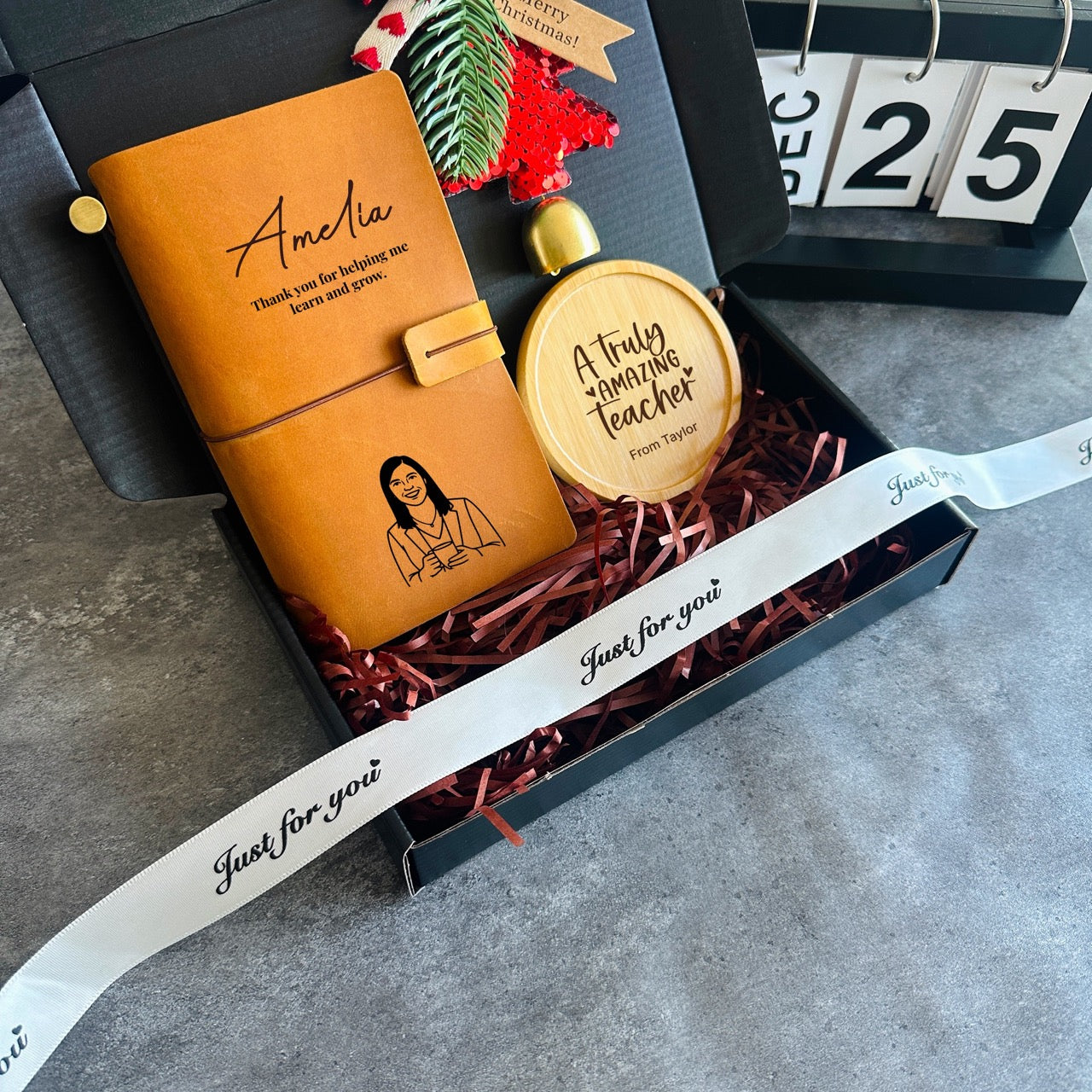 Personalised Christmas Gift Box for Teacher – Custom Leather Notebook, Engraved Coaster & Ornament