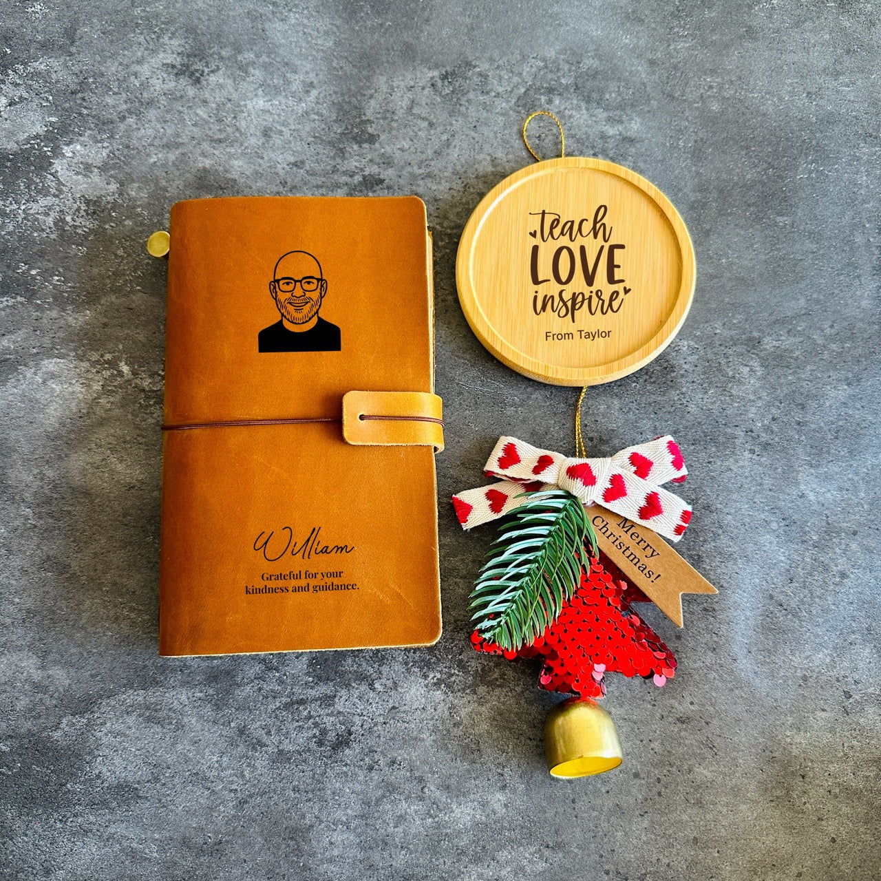 Personalised Christmas Gift Box for Teacher – Custom Leather Notebook, Engraved Coaster & Ornament