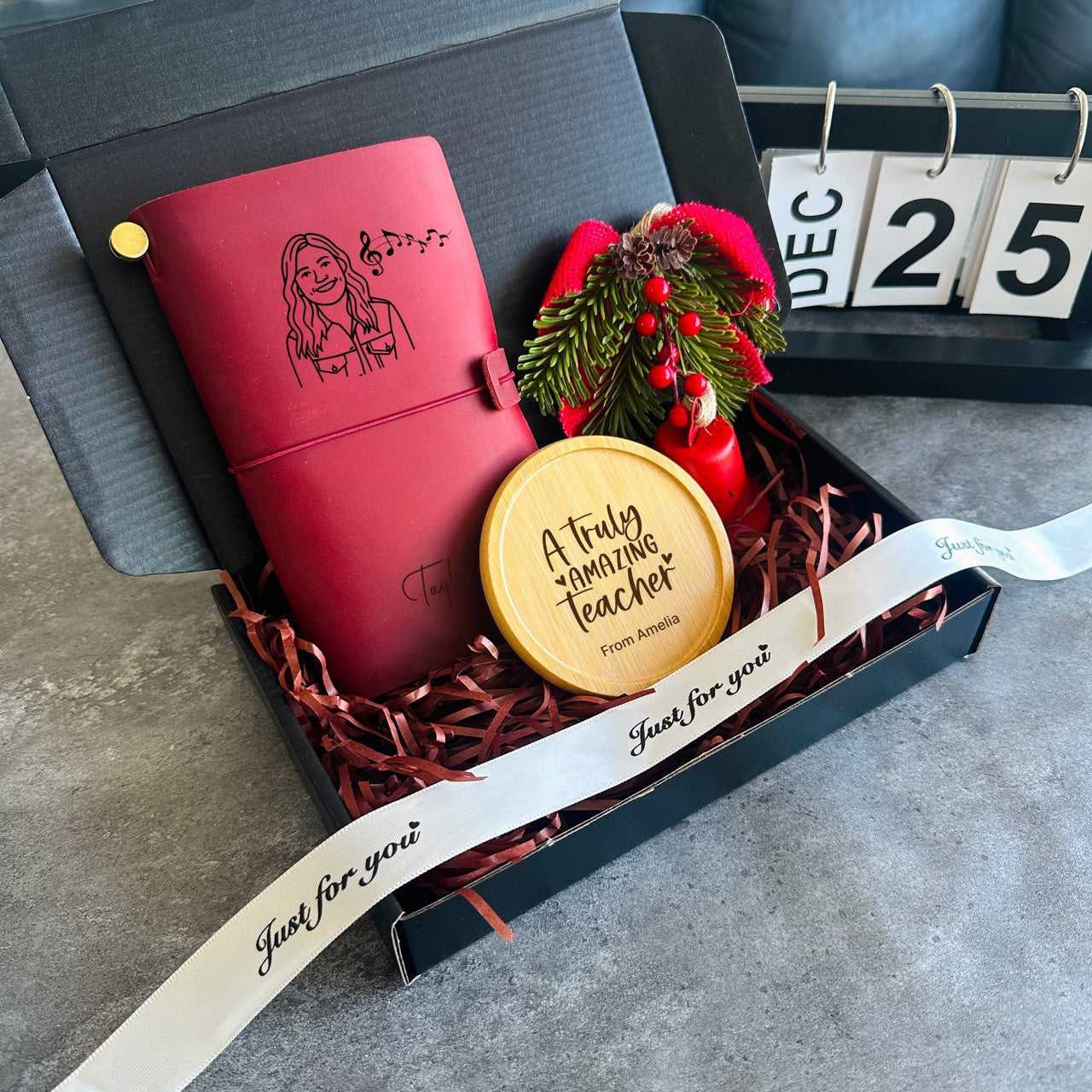 Personalised Christmas Gift Box for Teacher – Custom Leather Notebook, Engraved Coaster & Ornament
