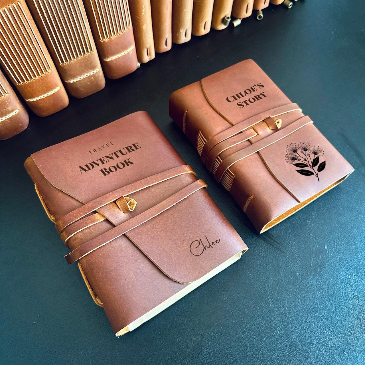 Vertical leather notebook personalised with name engraving for travel