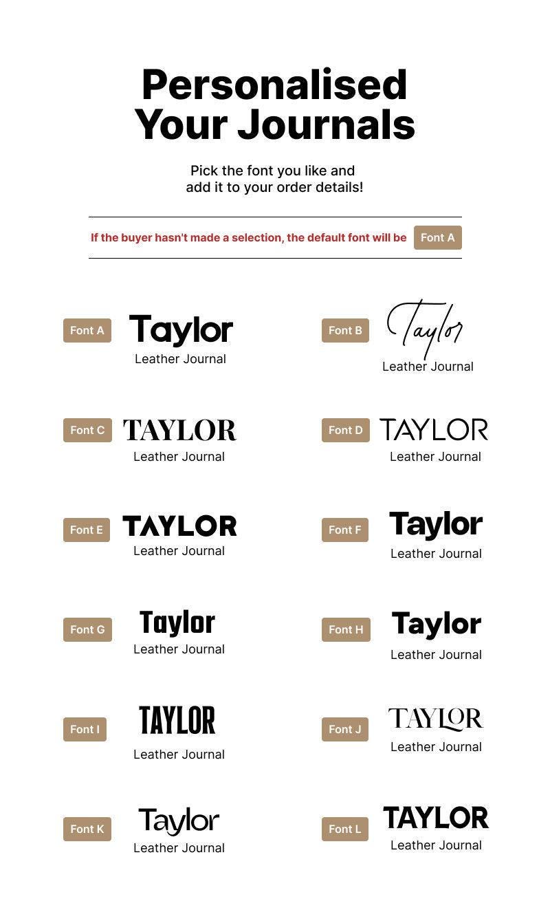 a selection of font options for a personalized journal, with the text "Personalised Your Journals" at the top. The font options include "Leather Journal" and "Leather Journal" with different styles such as "Leather Journal" and "Leather Journal". The font choices are presented in a grid format, with each font option listed in a separate row.