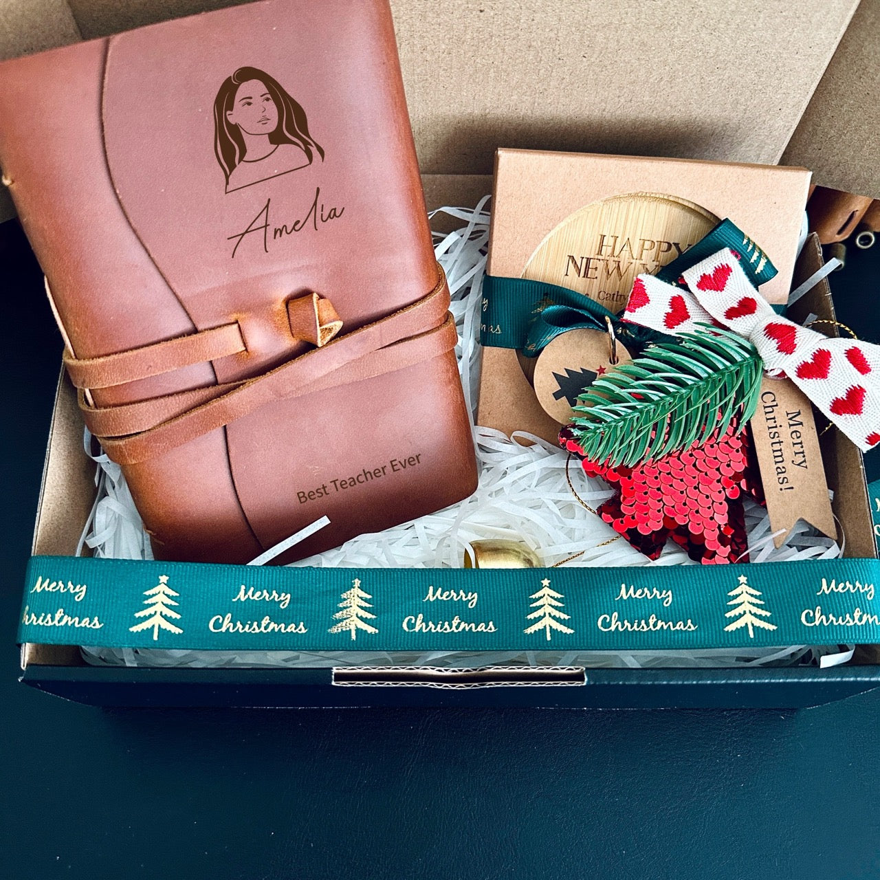Custom Festive Hamper with Personalised Notebook & Wooden Coaster
