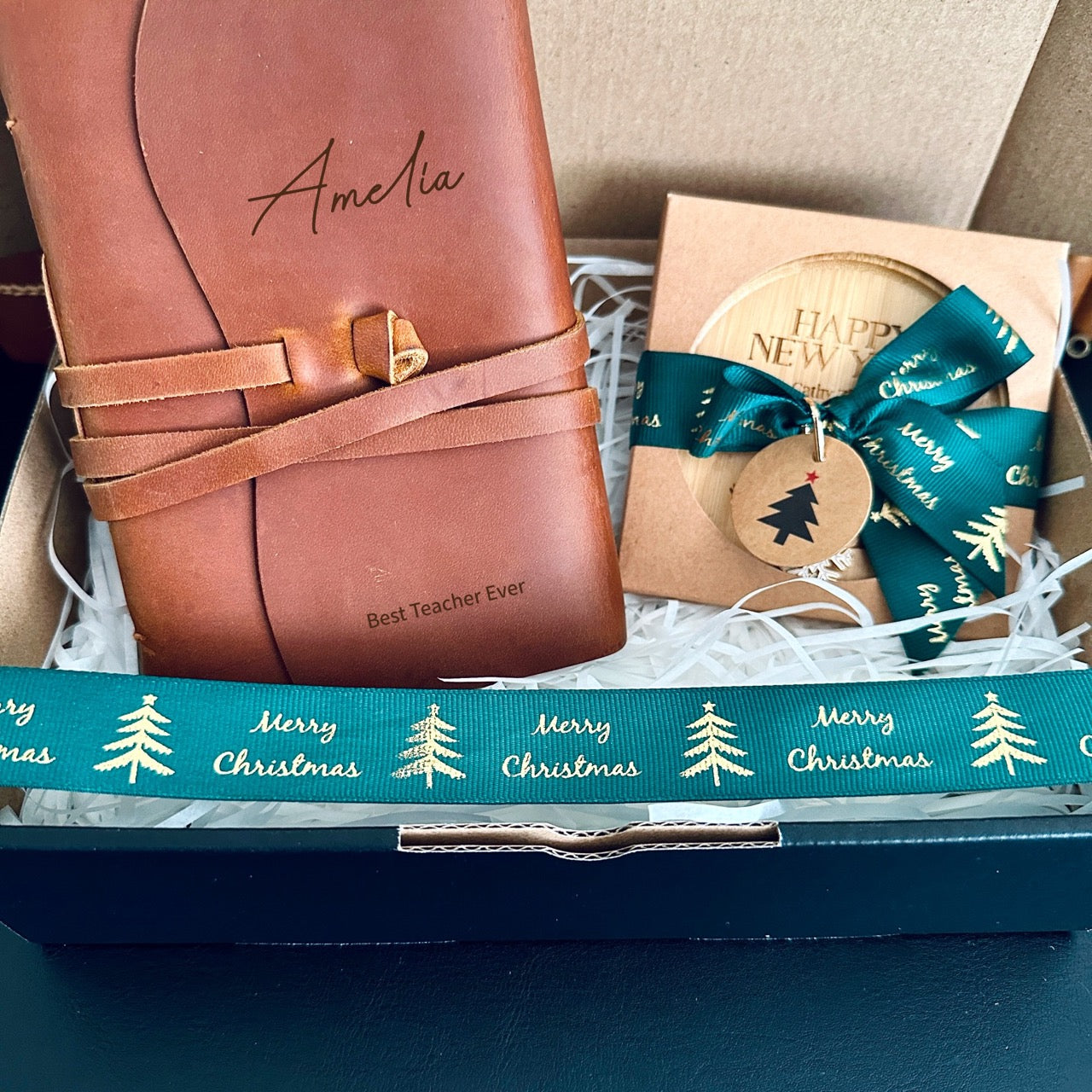Custom Festive Hamper with Personalised Notebook & Wooden Coaster