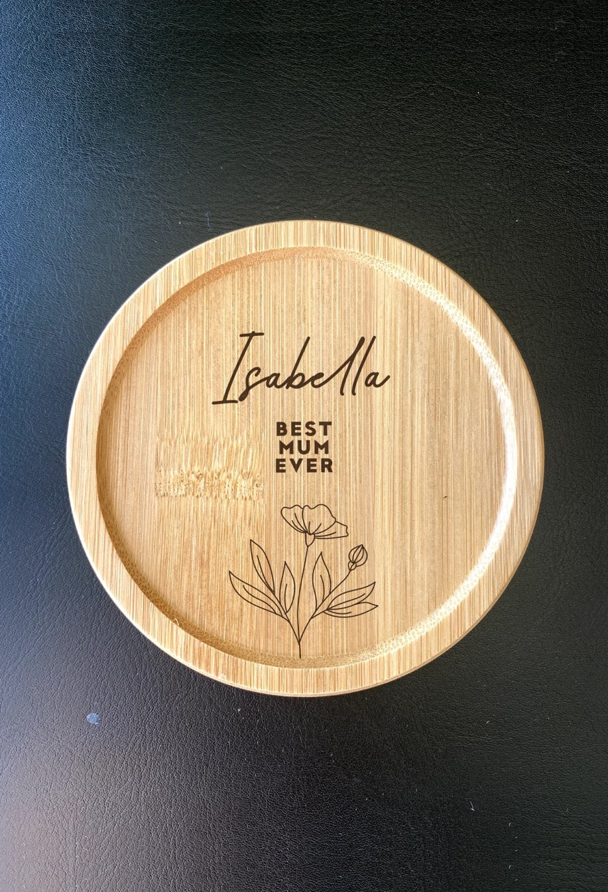 Personalised bamboo coaster with “Best Mum Ever” engraving and floral design
