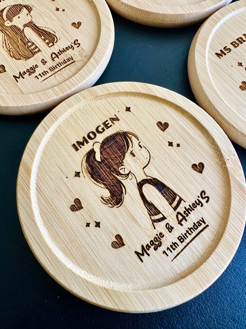 Engraved cartoon portrait coasters for children