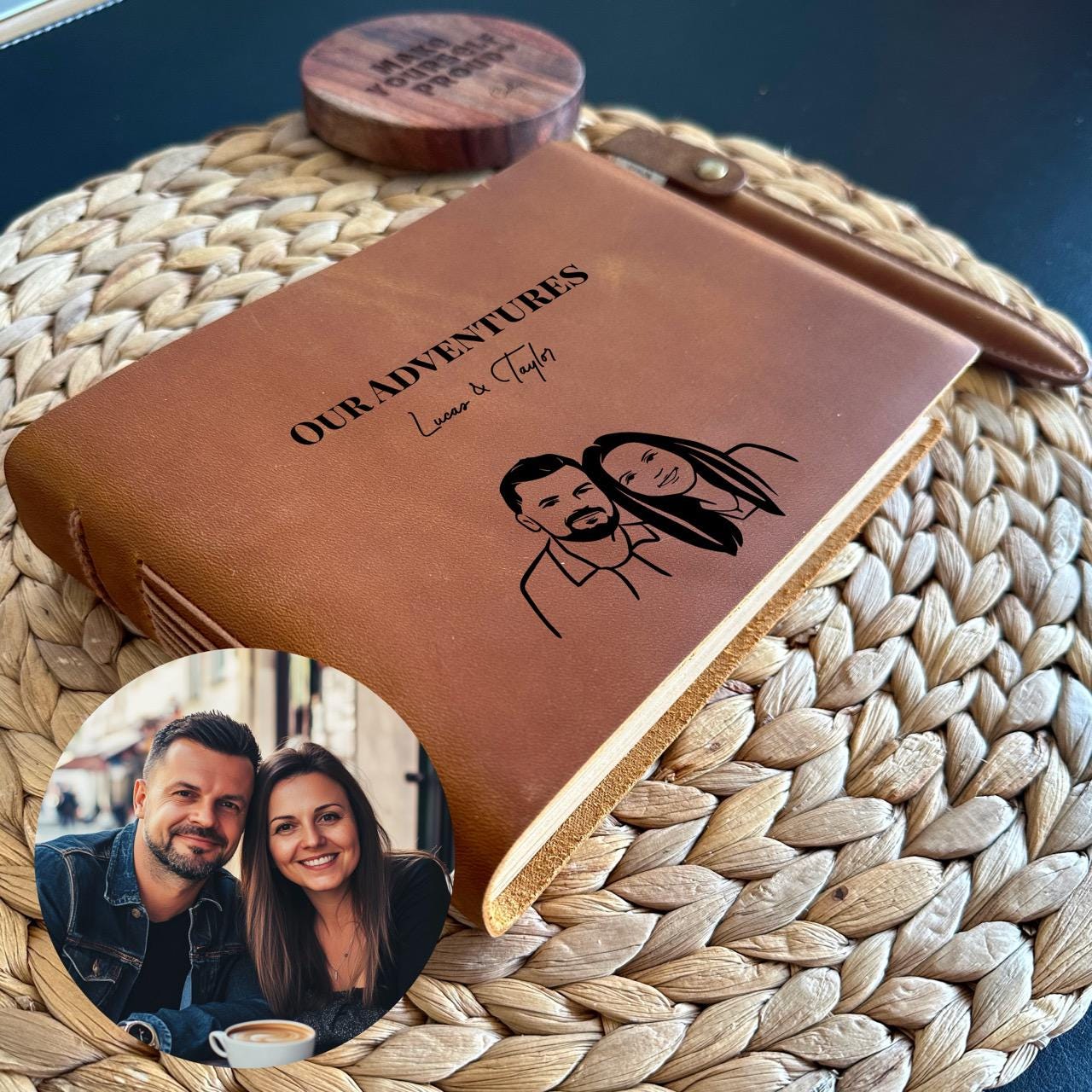 Personalised leather journal with engraved couple portrait and names