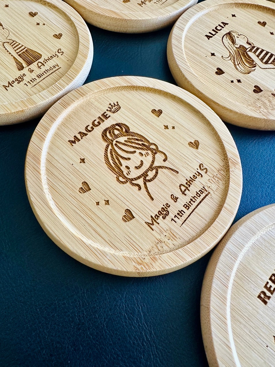 Eco-friendly bamboo kids coasters – personalised bundle