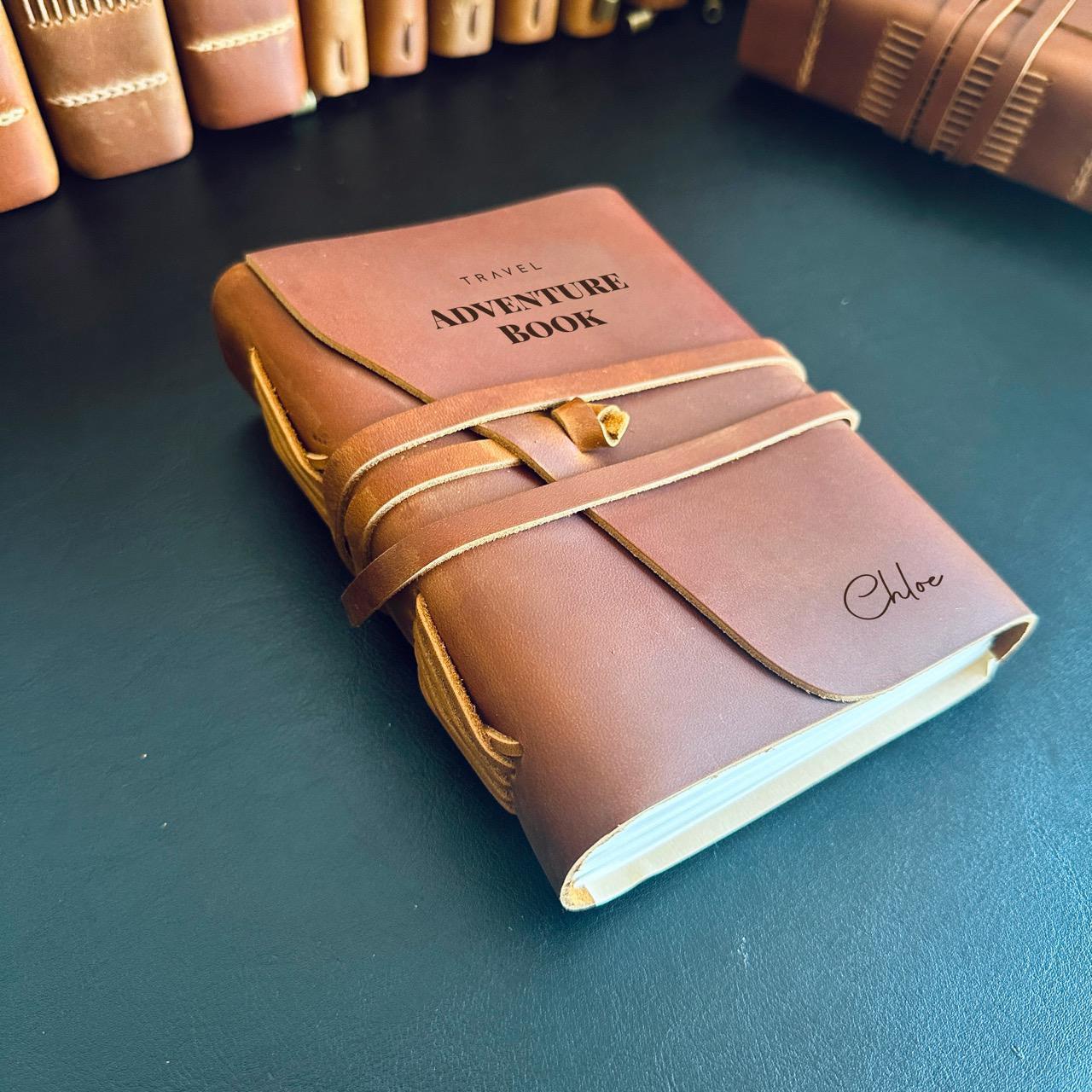 Handmade leather adventure book in crazy horse leather