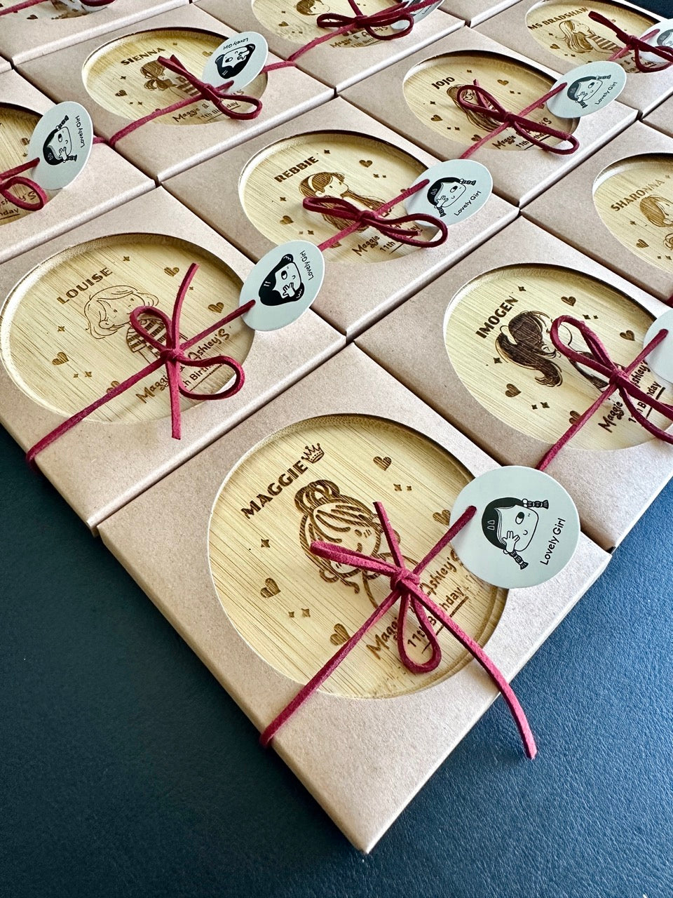Custom bamboo coasters as kids’ birthday party favours