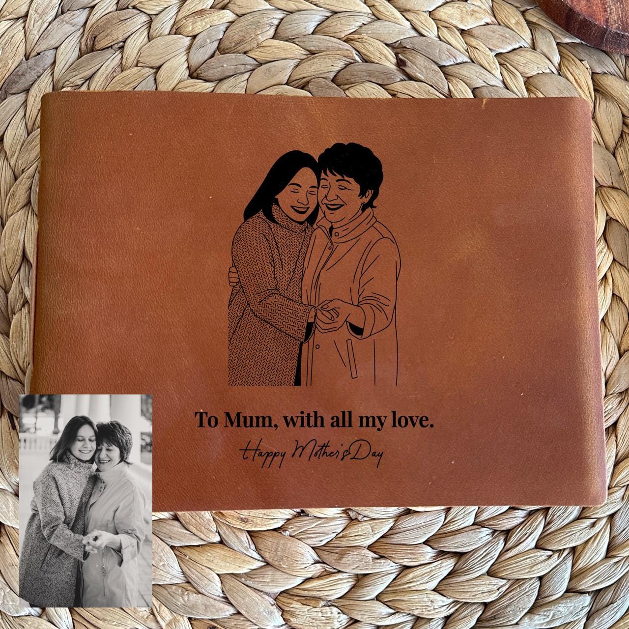 Brown leather keepsake journal engraved with mother-daughter design