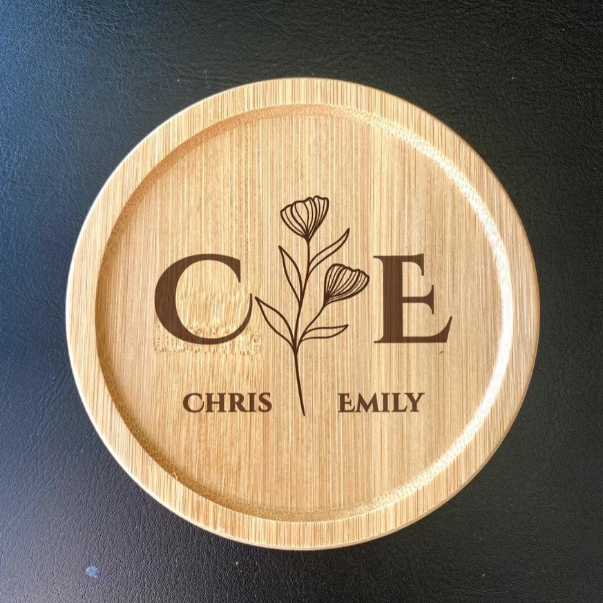 Romantic floral pattern coaster with engraved couple initials, perfect for anniversaries and wedding