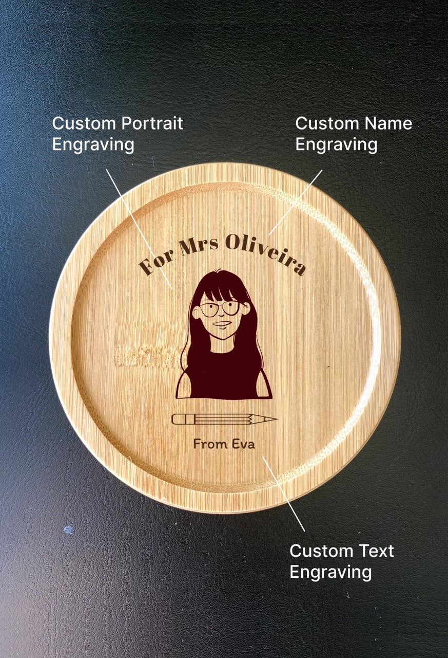 Engraved Wooden Teacher Coaster with Custom Portrait & Note