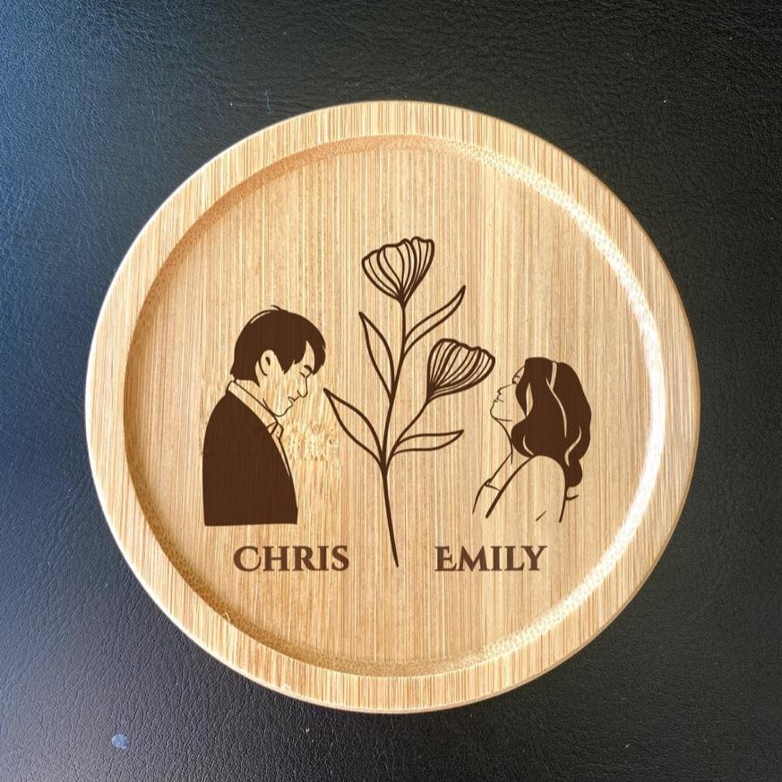 Personalized wooden coffee coaster with couple portrait and floral design for anniversary