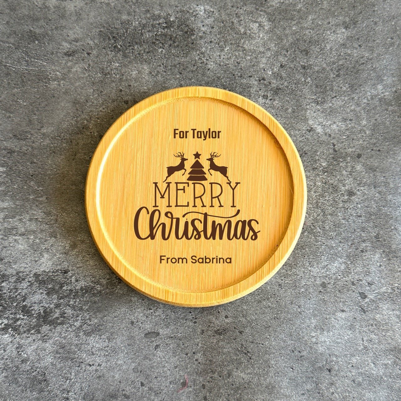 Personalised Christmas Bamboo Coaster, Engraved Gift with Name & Message, Custom Wooden Coaster for Him or Her, Eco-Friendly Xmas Keepsake