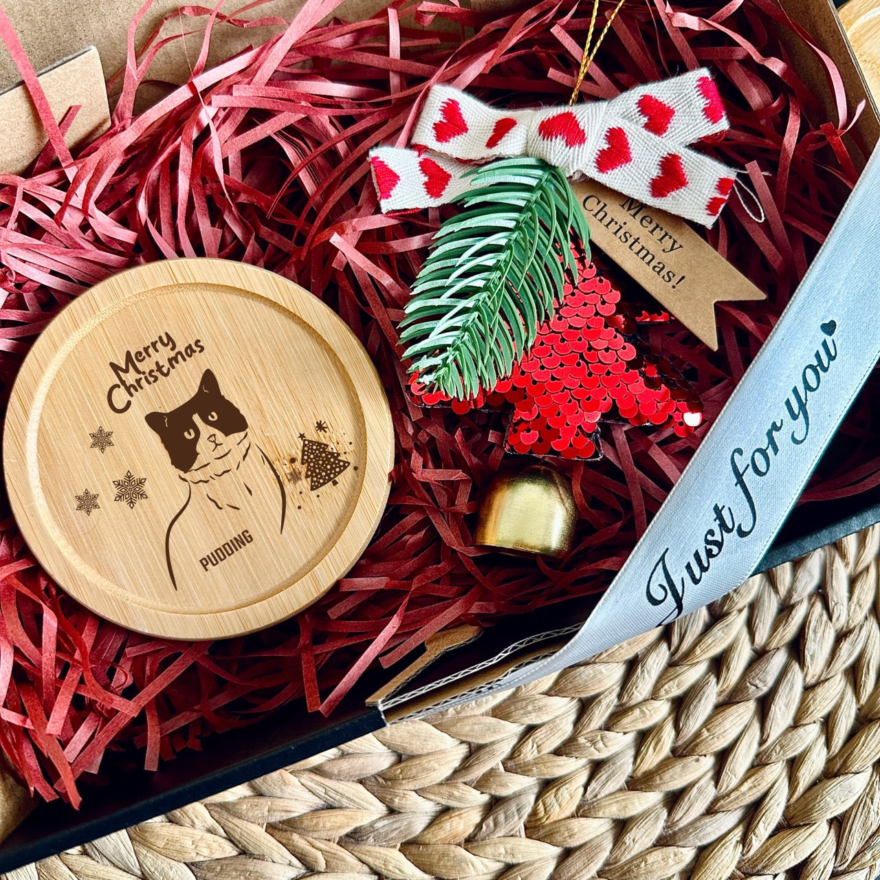 Personalised Wooden Coasters with Portrait & Christmas Tree Ornament