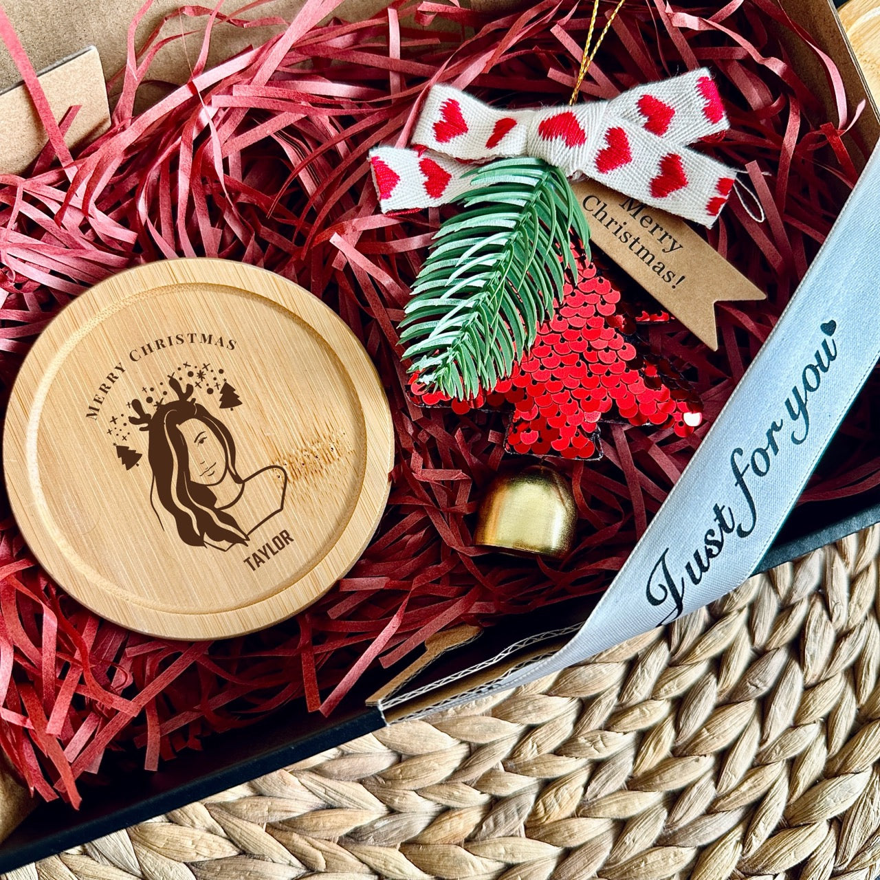 Personalised Wooden Coasters with Portrait & Christmas Tree Ornament
