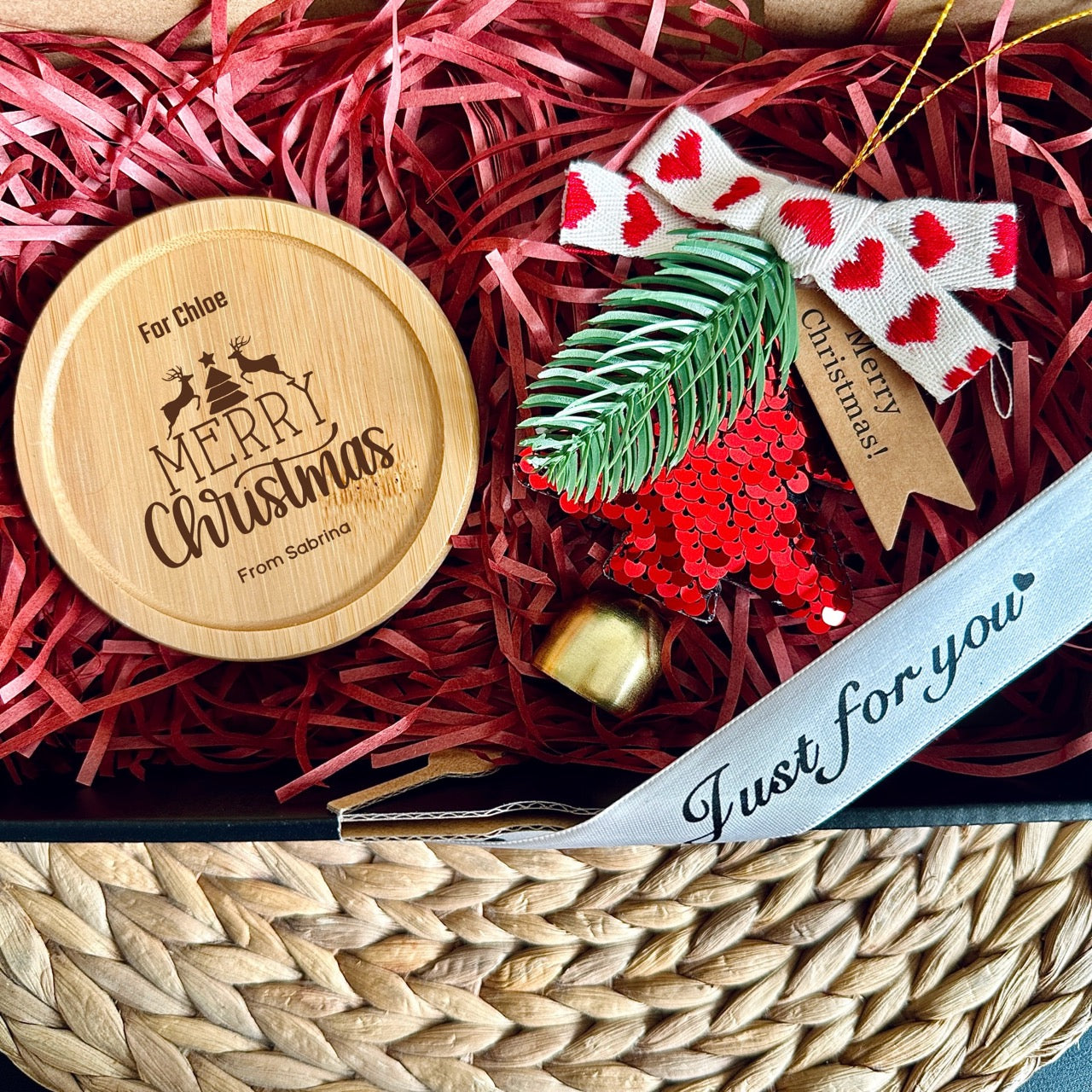 Handcrafted Christmas Wooden Coaster in a Festive Gift Box