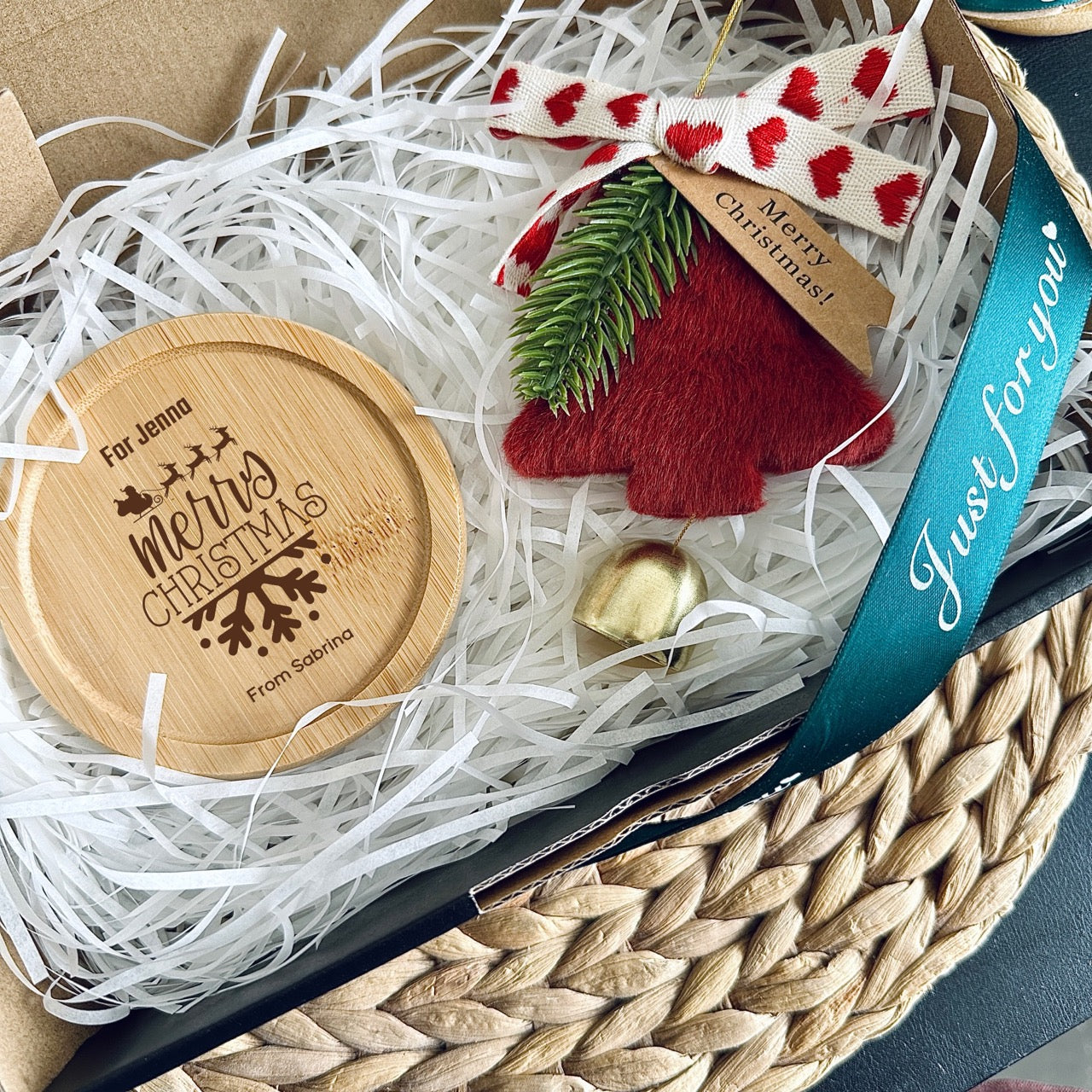 Handcrafted Christmas Wooden Coaster in a Festive Gift Box