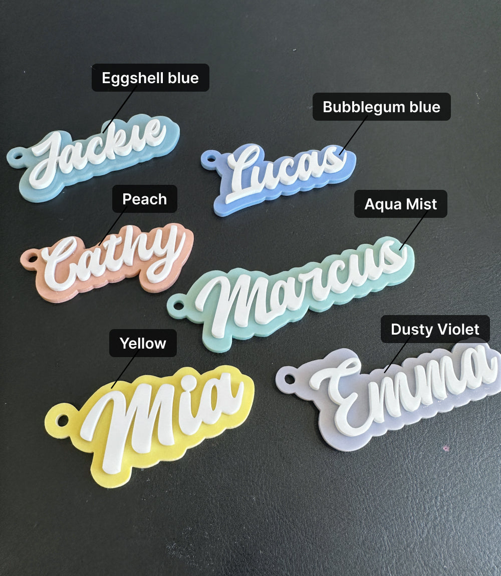 Custom bag tags with heart and smiley charms