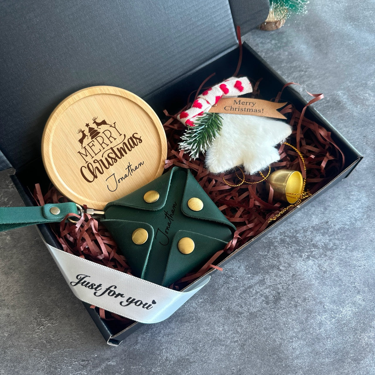 Christmas Gift Box Set – Personalised Leather Pouch, Engraved Coaster & Custom Ornament