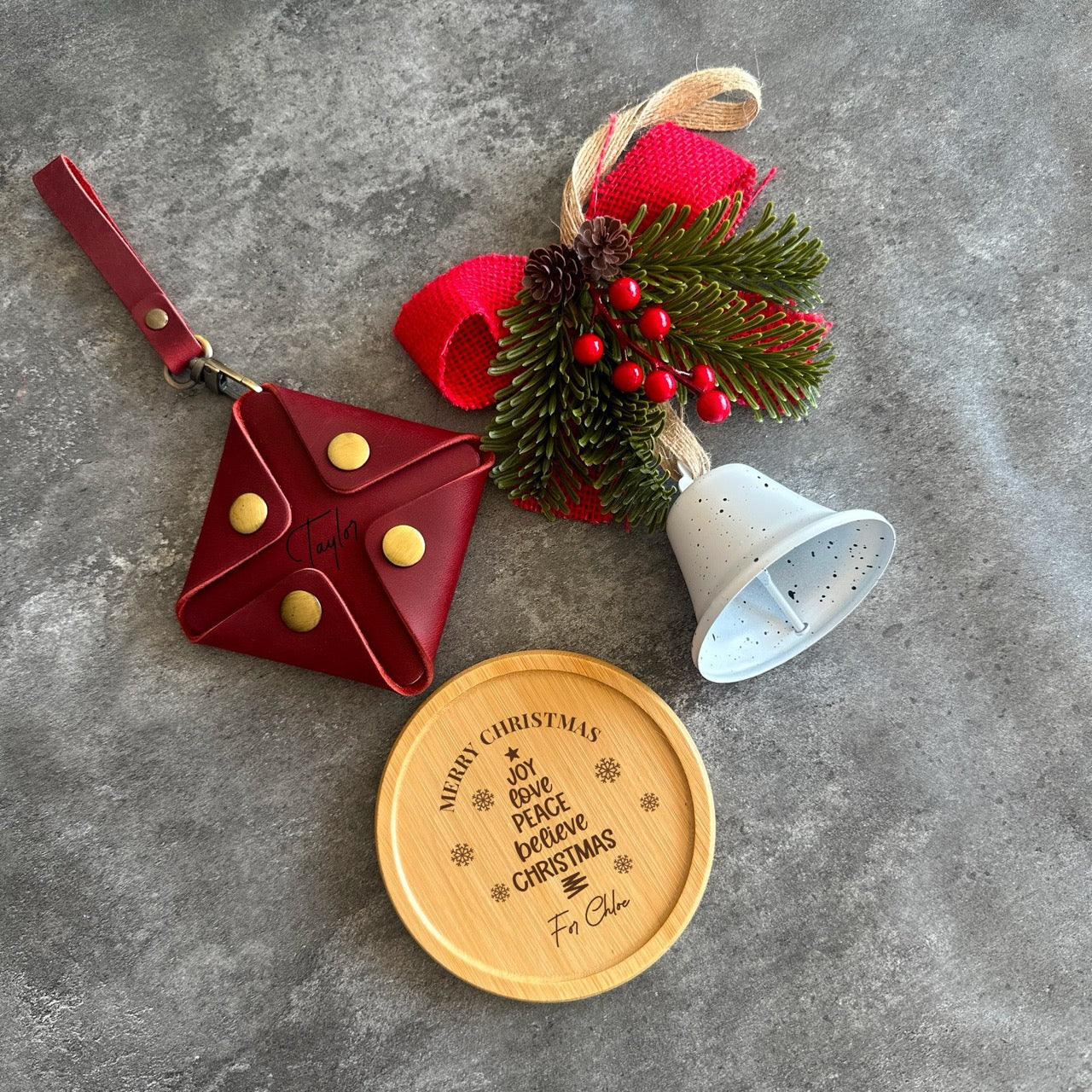 Christmas Gift Box Set – Personalised Leather Pouch, Engraved Coaster & Custom Ornament