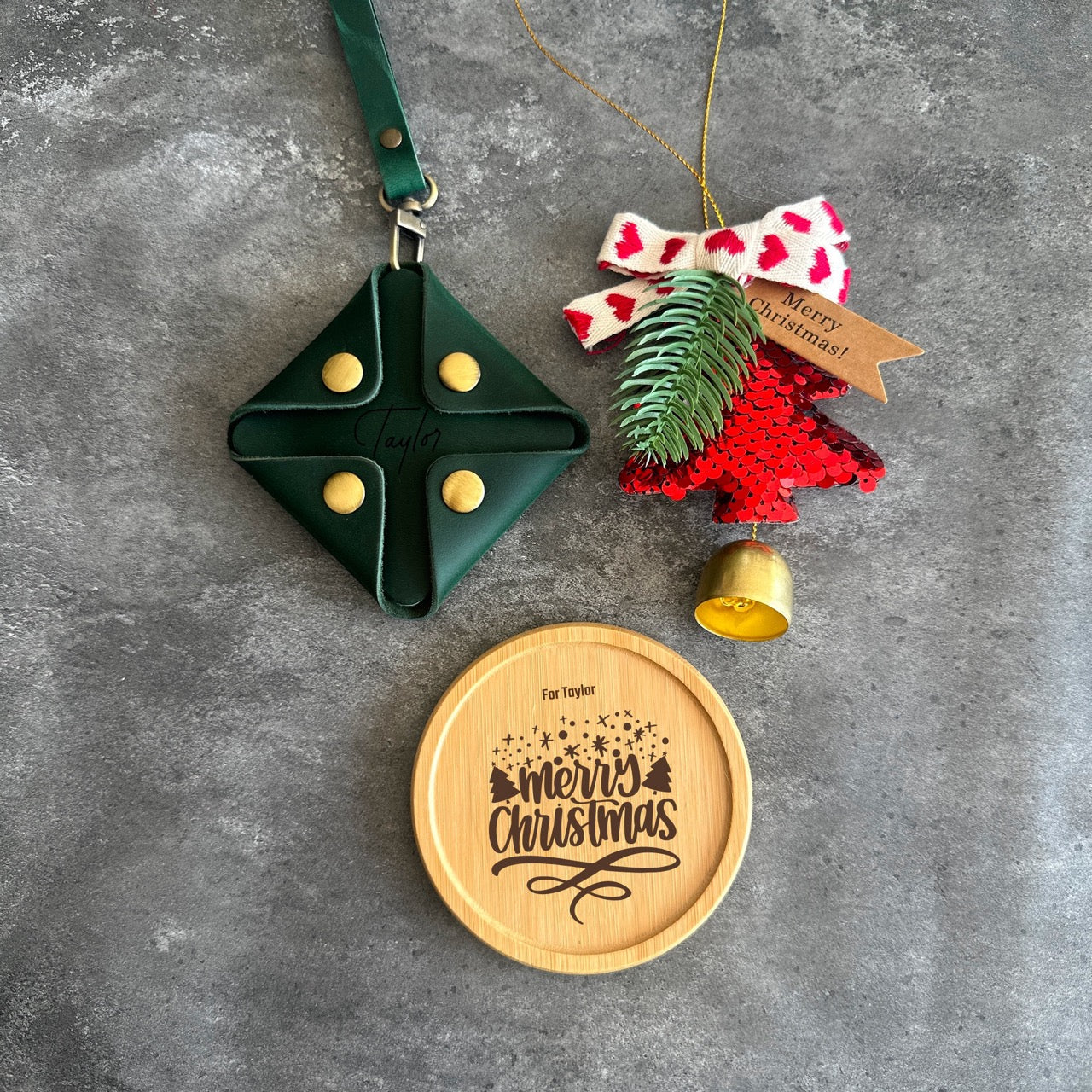 Christmas Gift Box Set – Personalised Leather Pouch, Engraved Coaster & Custom Ornament