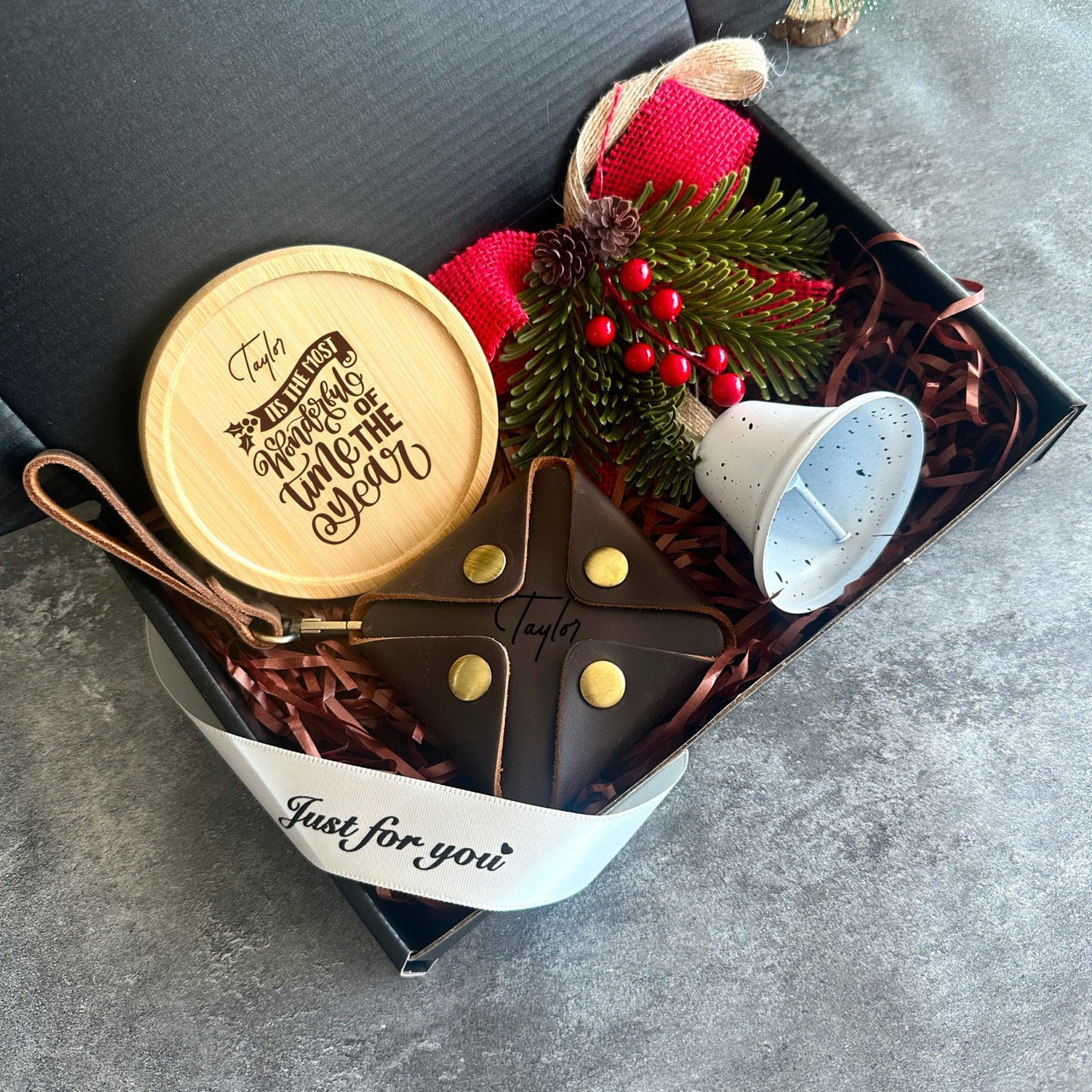 Christmas Gift Box Set – Personalised Leather Pouch, Engraved Coaster & Custom Ornament