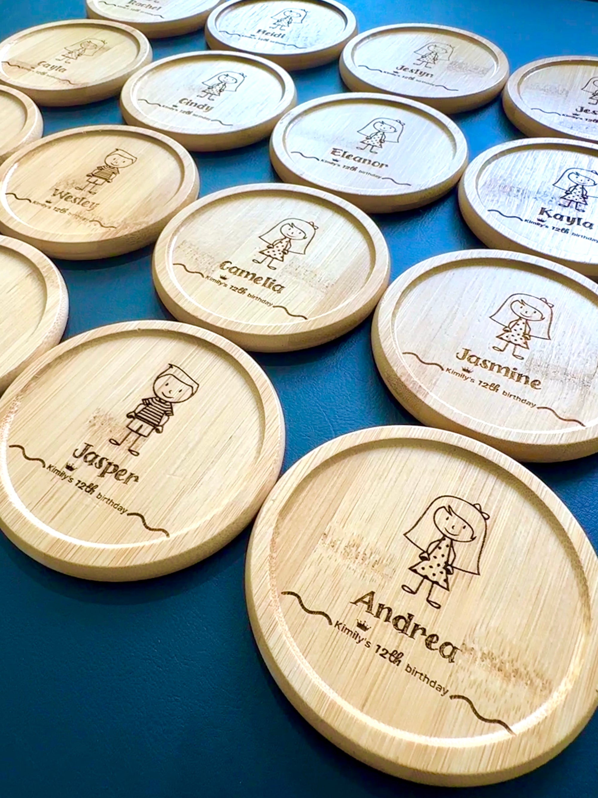 Personalised cartoon bamboo coasters for kids’ birthday favors