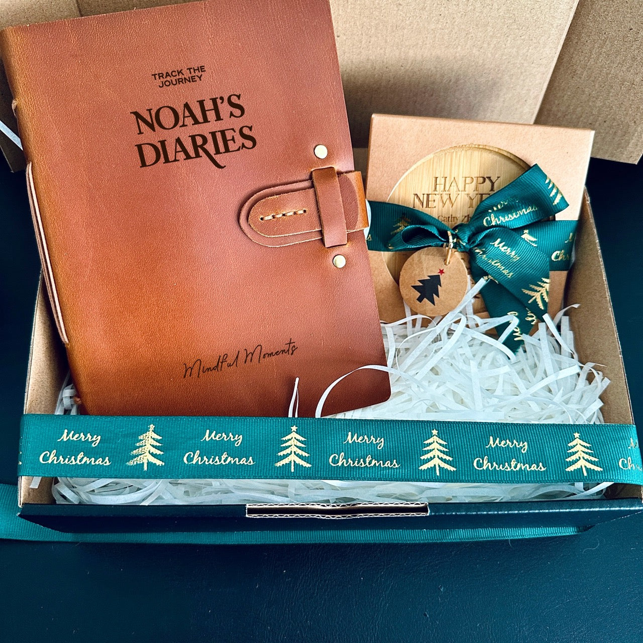 Festive Christmas Hamper with Custom Notebook & Wooden Coasters