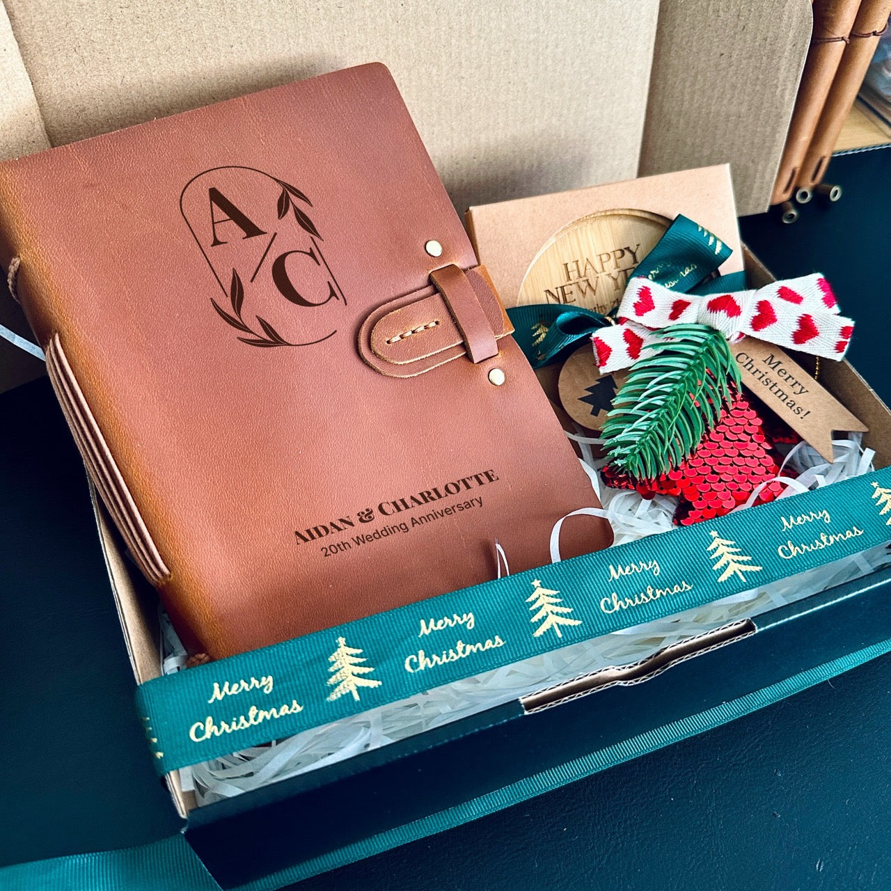 Festive Christmas Hamper with Custom Notebook & Wooden Coasters