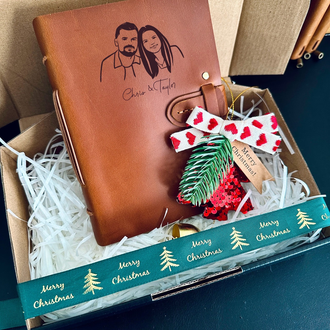 Festive Christmas Hamper with Custom Notebook & Wooden Coasters