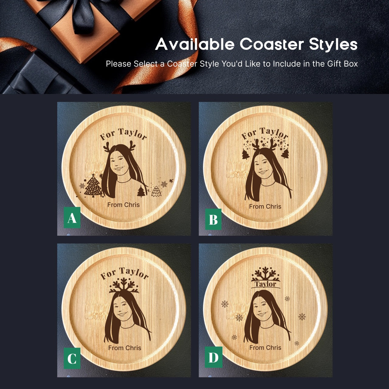 Personalised Wooden Coasters with Portrait & Christmas Tree Ornament