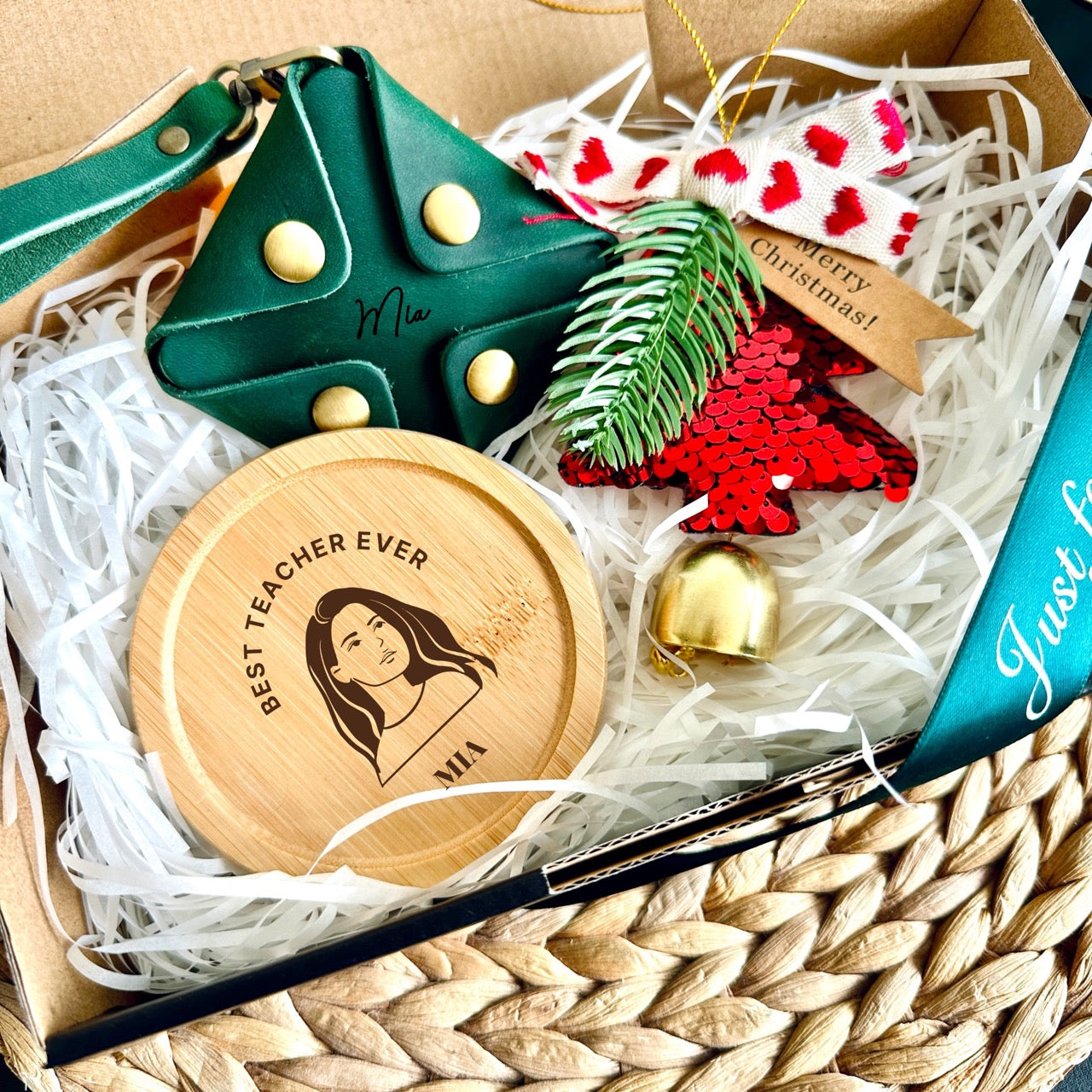 Custom Christmas Gift Box with Leather Pouch & Wooden Coasters & Christmas tree ornaments