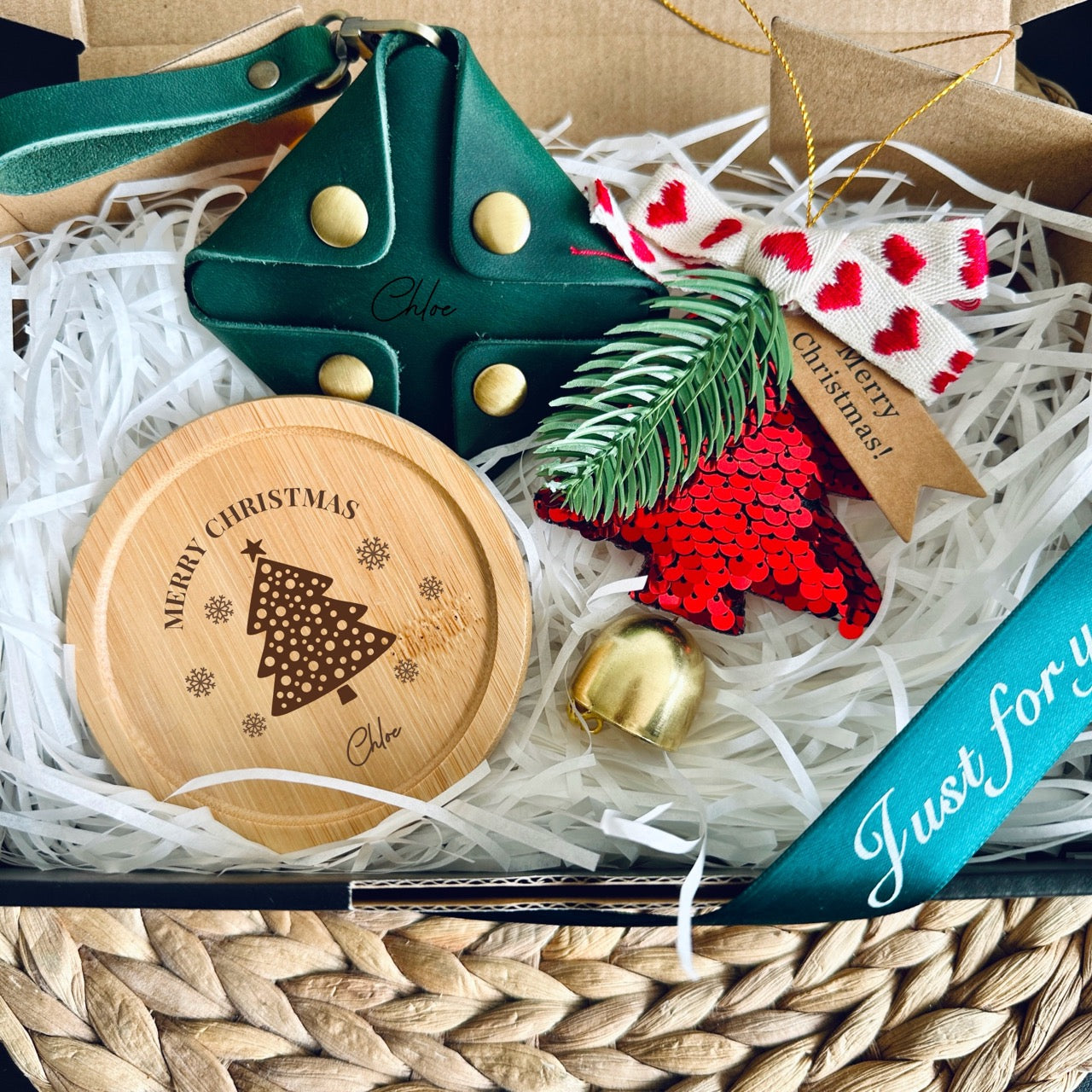 Custom Christmas Gift Box with Leather Pouch & Wooden Coasters & Christmas tree ornaments