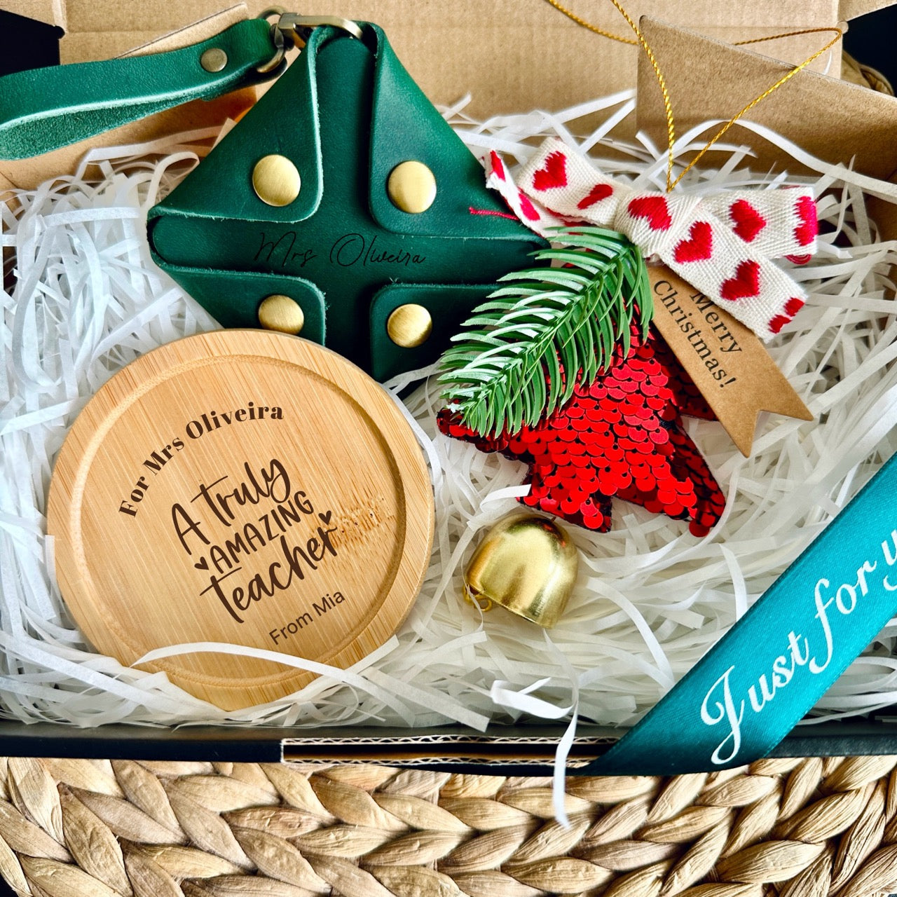 Custom Christmas Gift Box with Leather Pouch & Wooden Coasters & Christmas tree ornaments