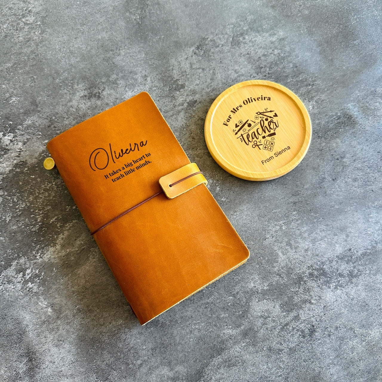 Personalised Teacher Gift Box – Leather Journal & Engraved Coaster Set | Handmade Thank You Gift