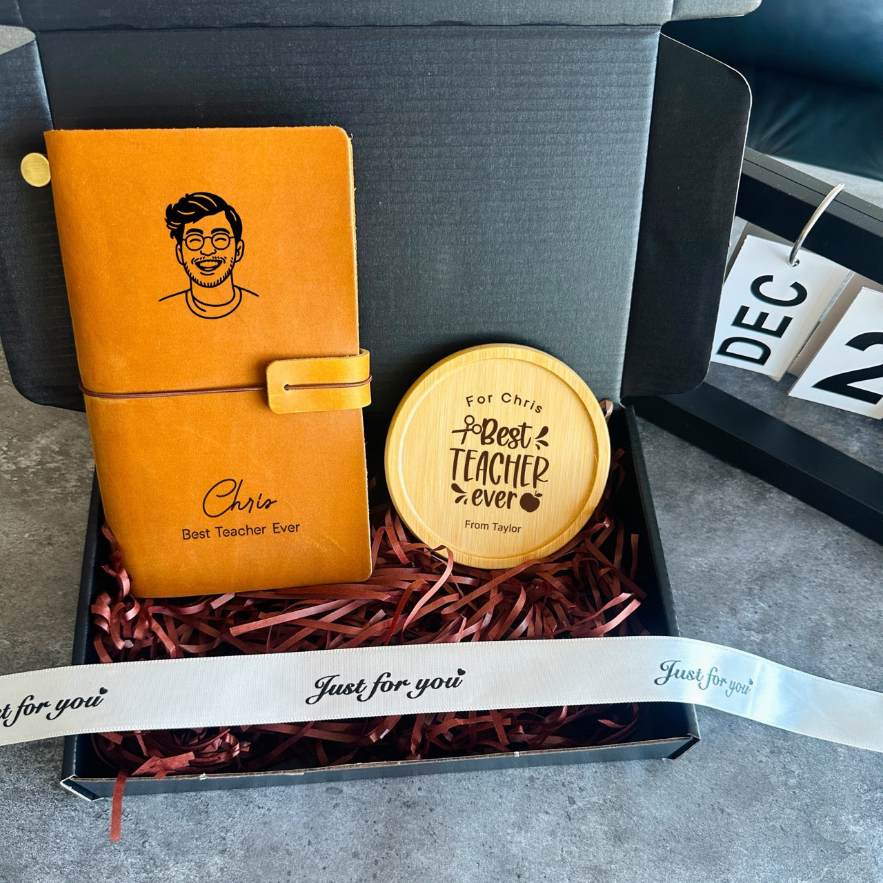 Personalised Teacher Gift Box – Leather Journal & Engraved Coaster Set | Handmade Thank You Gift