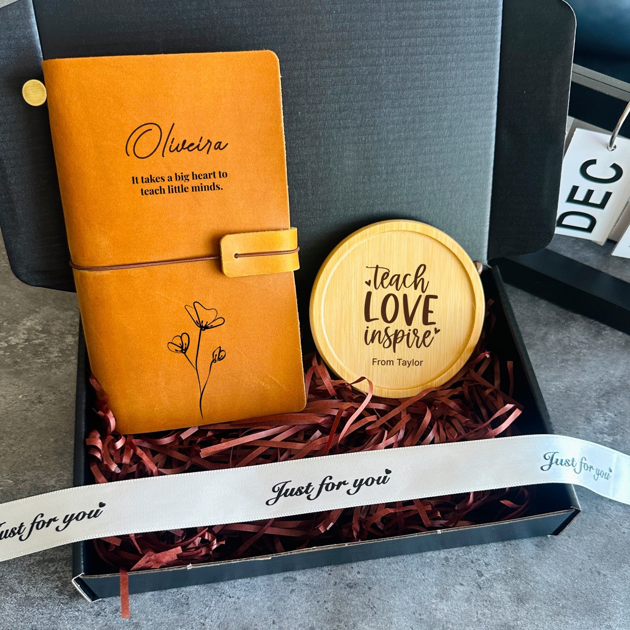 Personalised Teacher Gift Box – Leather Journal & Engraved Coaster Set | Handmade Thank You Gift