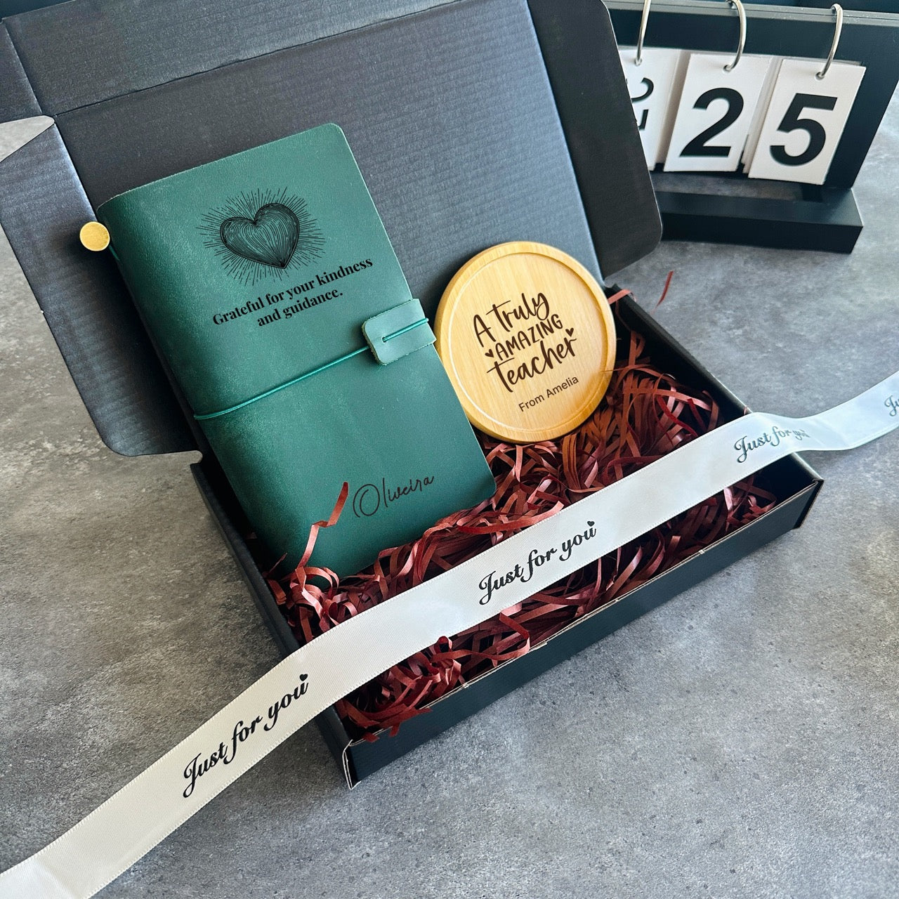 Personalised Teacher Gift Box – Leather Journal & Engraved Coaster Set | Handmade Thank You Gift