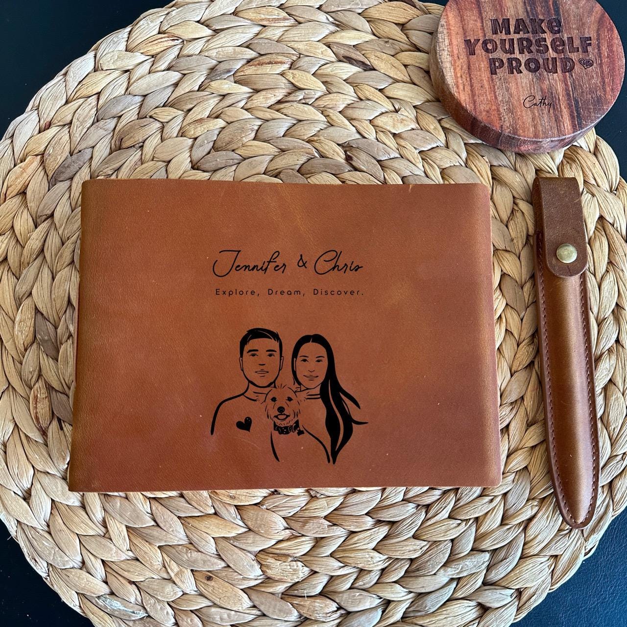Personalised engraved notebook with couple and dog illustration on cover
