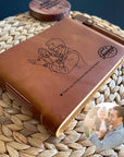 personalised leather journal with dad & baby portrait engraving