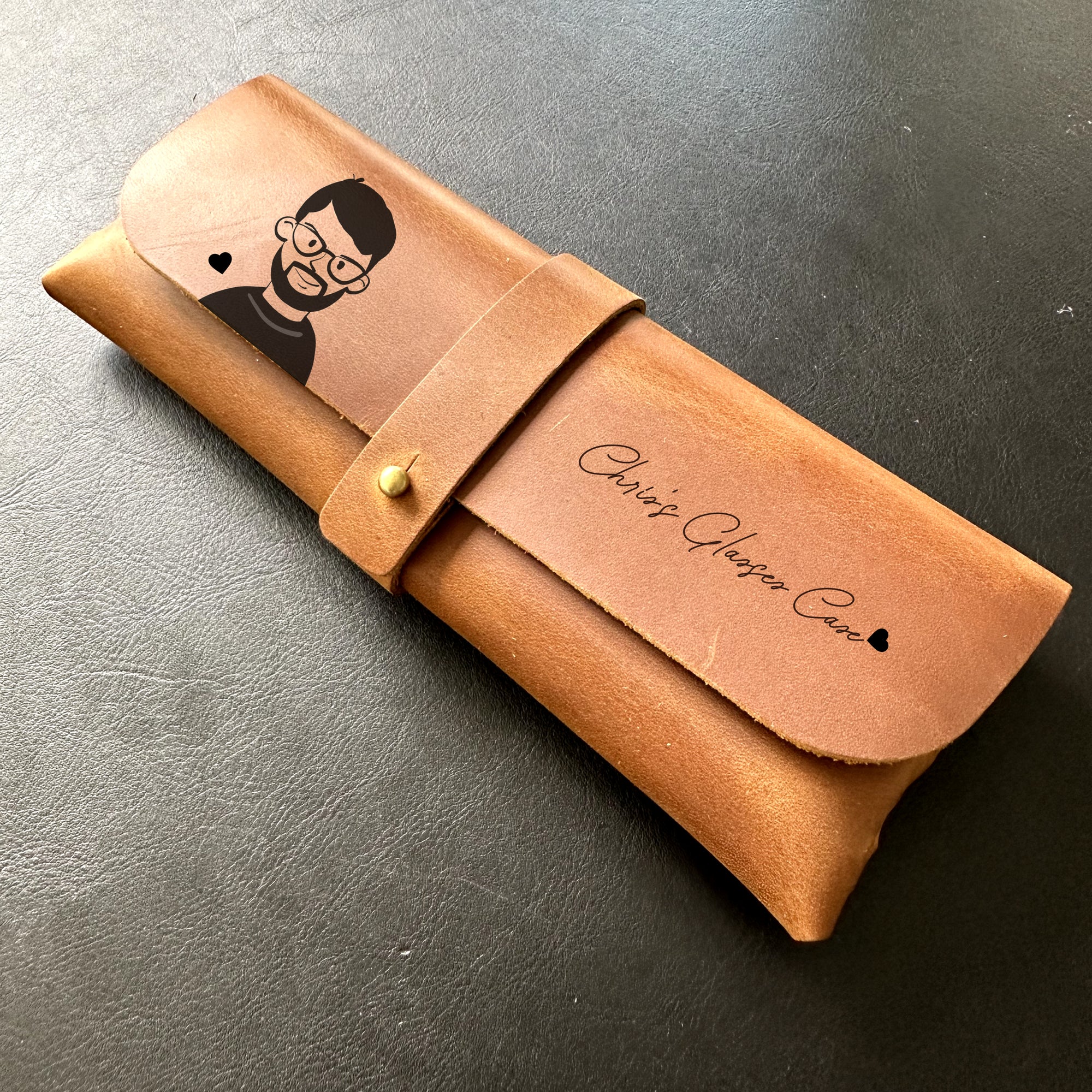 Personalised Leather Eyeglass Case with Your Name and Portrait