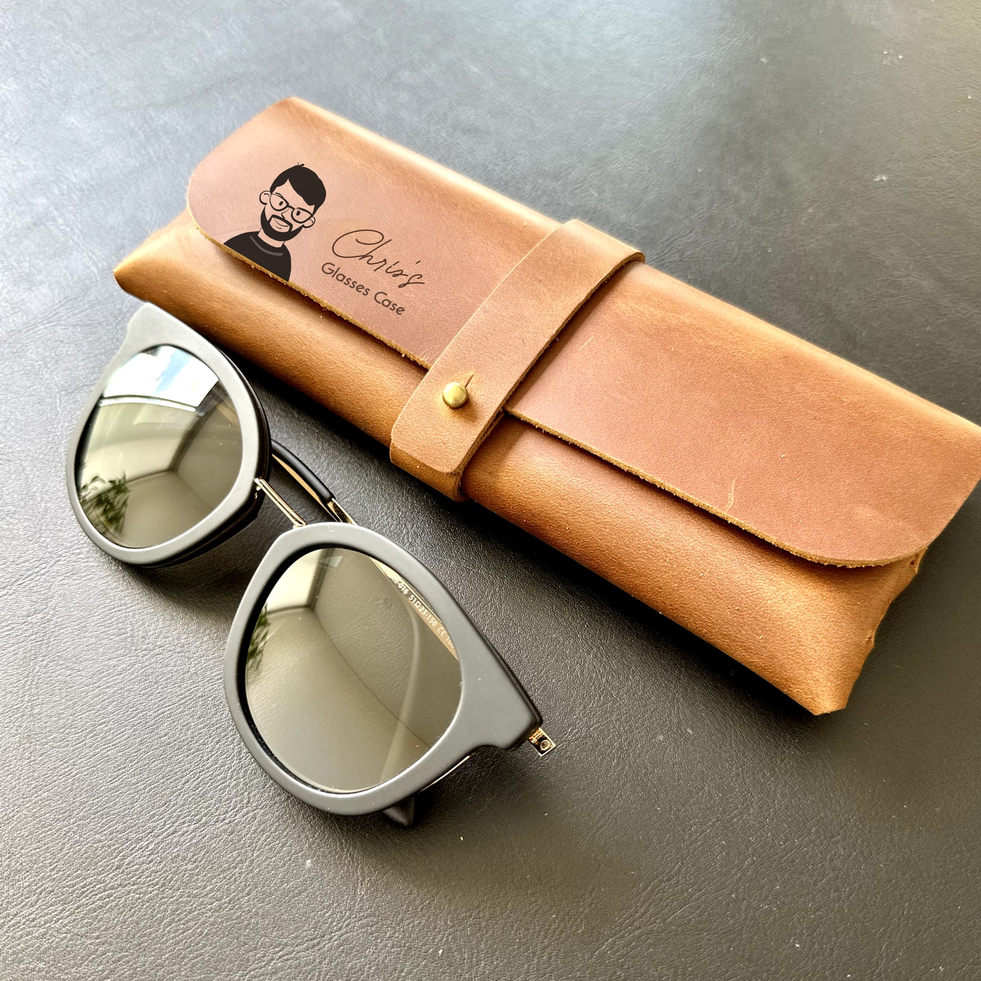 Personalised Leather Eyeglass Case with Your Name and Portrait