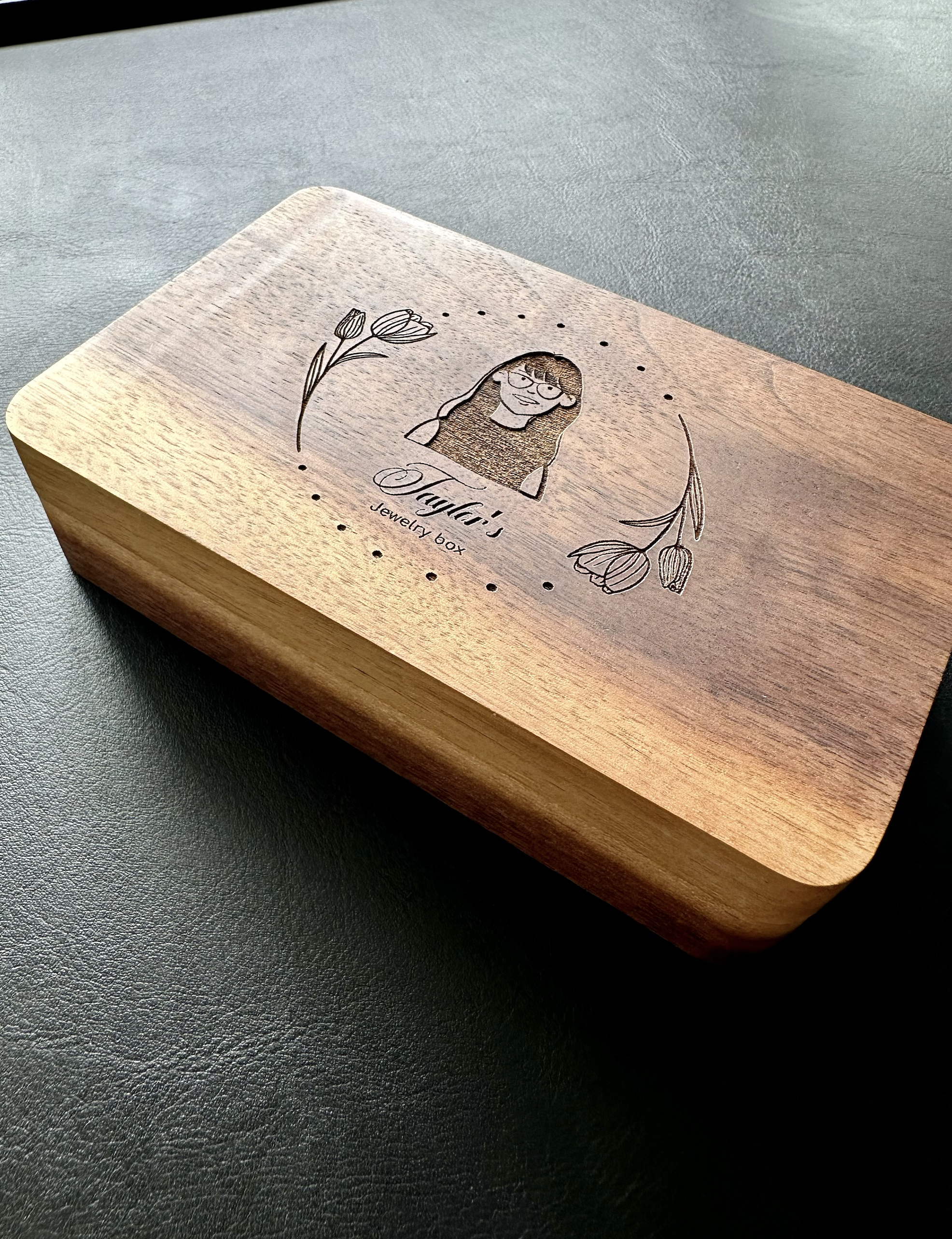 Personalised Wooden Jewellery Box with Custom Portrait Engraving