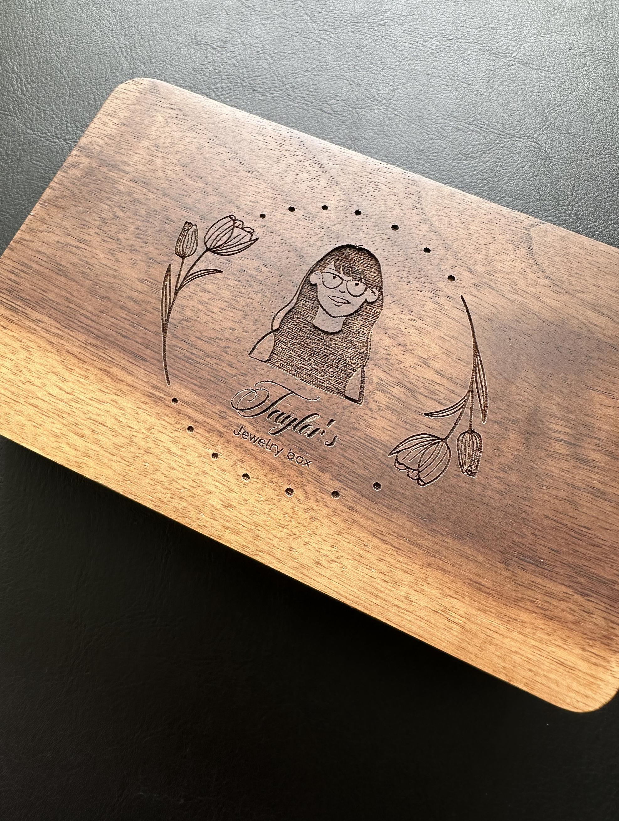 Personalised Wooden Jewellery Box with Custom Portrait Engraving