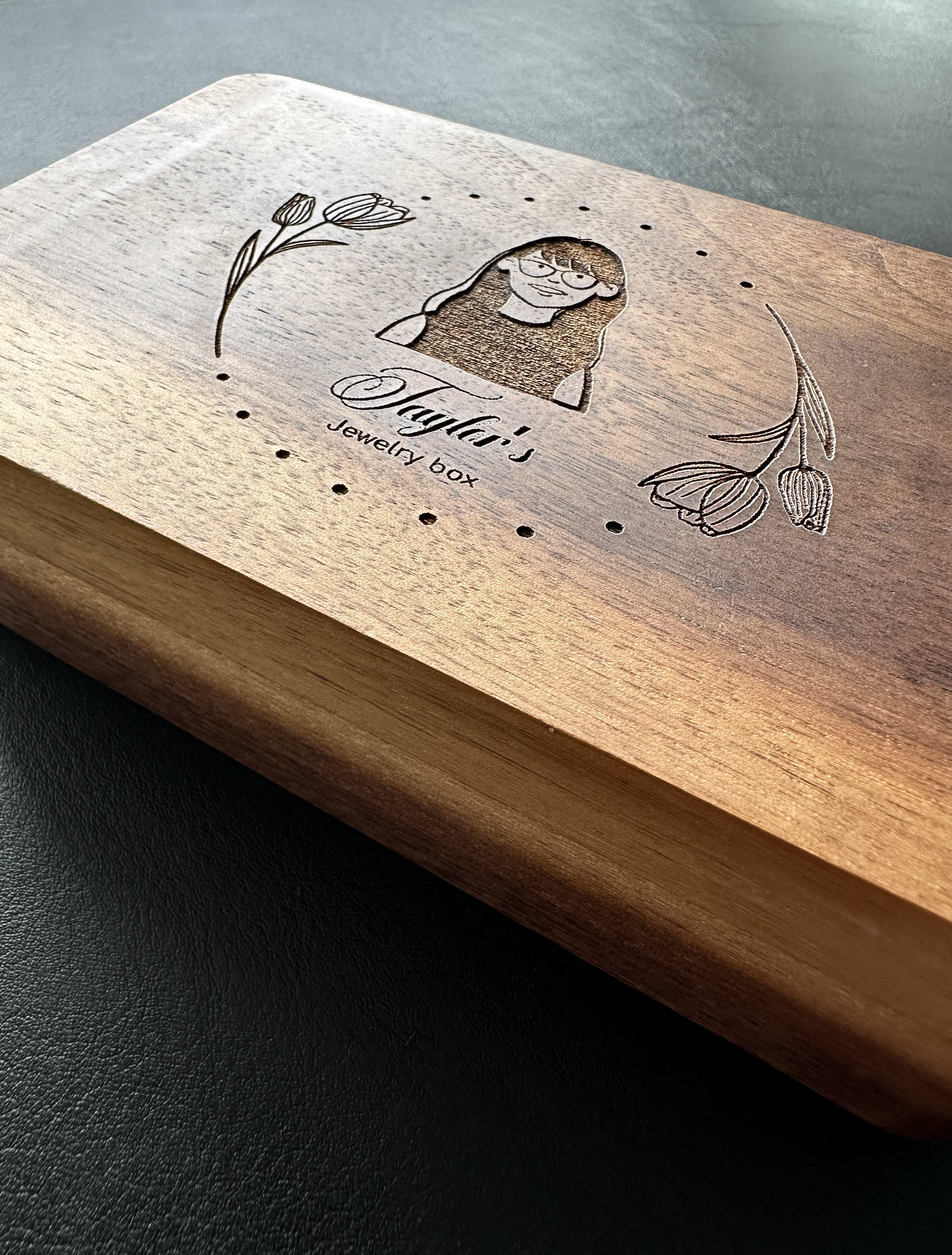 Personalised Wooden Jewellery Box with Custom Portrait Engraving
