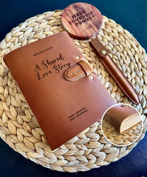 Handcrafted Personalised Cowhide Leather Journal - Custom Wedding Notebook Gift