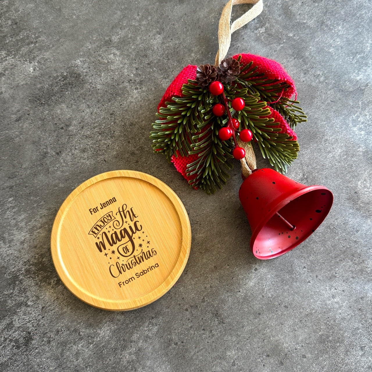Luxury handcrafted Christmas present set featuring leather and wooden details