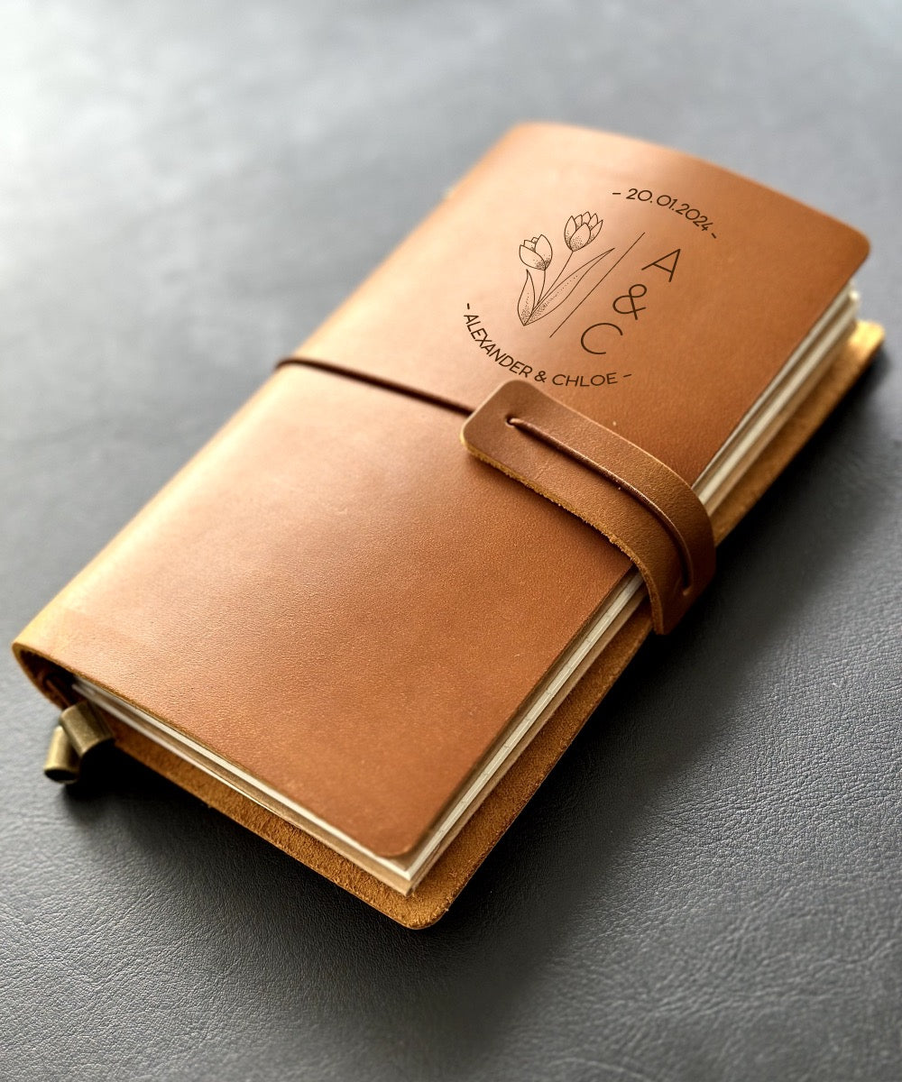 Close-up of custom wedding journal&#39;s personalised leather cover