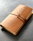 Close-up of custom wedding journal's personalised leather cover